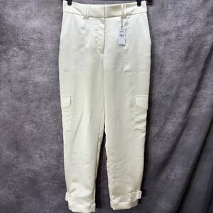 Express Super High Rise Satin Cargo Ankle Pants Size 8 Ivory Cream Glam Utility